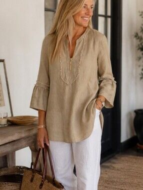 Ellen Tracy Medium 100% Linen Tunic Top Beige Frayed Trim Bell Sleeve Coastal